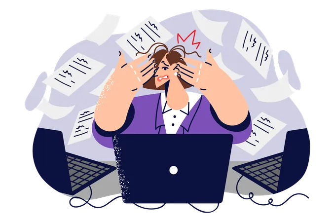 Business Woman Suffers From Spam On Internet And Clutches Head Sitting In Office Among Flying Papers Girl Victim Email Spam Experiences Headache And Migraine Needs Vacation To Regain Concentration Illustration