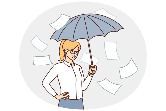 Business woman take refuge with umbrella from falling documents hiding from paperwork  Illustration