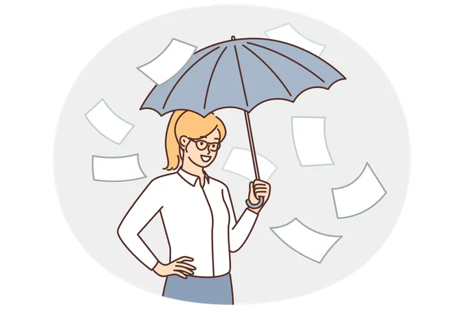 Business woman take refuge with umbrella from falling documents hiding from paperwork  Illustration