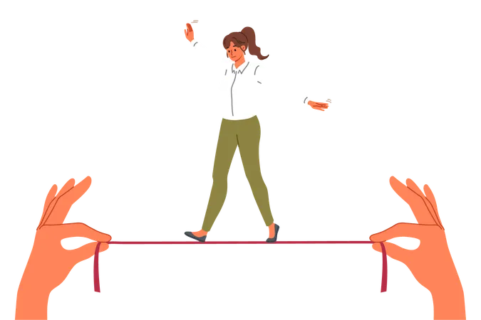 Businesswoman Takes Risks Walking Thin Tightrope In Hands Of Employer Demonstrating Ability To Balance While Achieving Goal Successful Girl In Business Clothes Shows Balance Skills Illustration