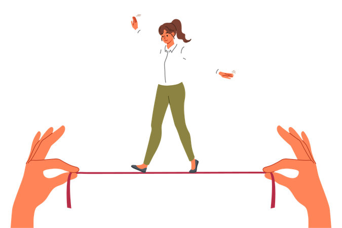 Business woman takes risks walking tightrope in hands of employer demonstrating ability to balance  Illustration