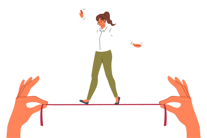 Business woman takes risks walking tightrope in hands of employer demonstrating ability to balance  Illustration