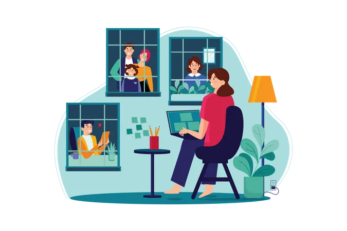 Business woman talking to family members on video call  Illustration