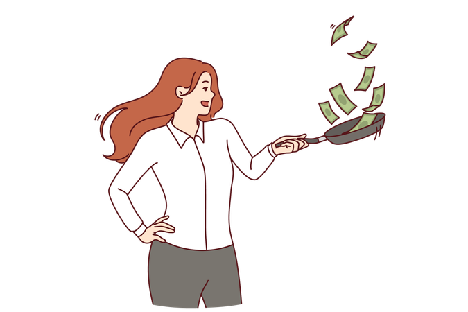 Business woman tosses money in frying pan  Illustration