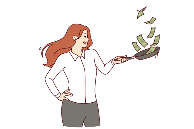 Business woman tosses money in frying pan  Illustration