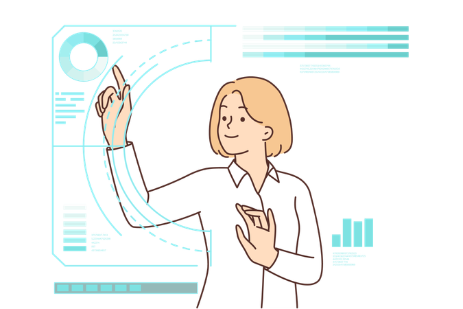 Business woman touches holographic dashboard  Illustration