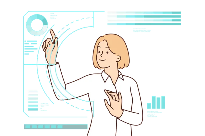 Businesswoman Touches Holographic Dashboard Or Virtual Screen Symbolizing High Technologies For Corporate Management Woman Near Digital Dashboard For Analytics And Business Process Monitoring Concept 일러스트레이션