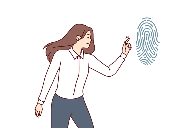 Business Woman Undergoes Fingerprint Authentication To Confirm Safety Of Performing Critical Actions Girl Office Employee Is Identified Through Fingerprint On Virtual Biometric Scanner Illustration