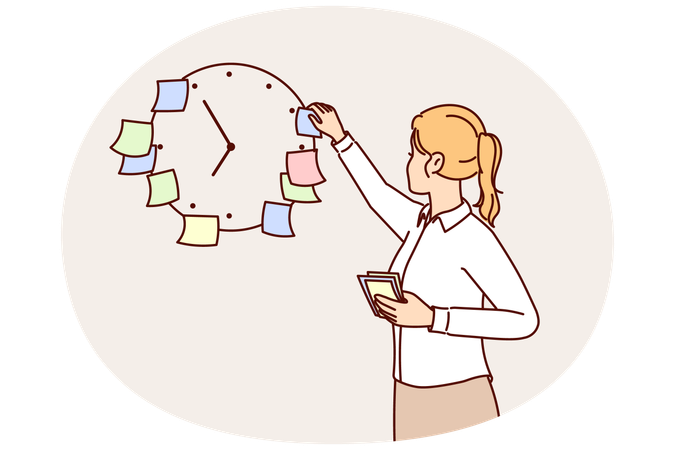 Business woman using stickers on clock to meet deadlines set by manager and launch project on time  Illustration