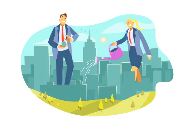 Business woman watering company for growth  Illustration