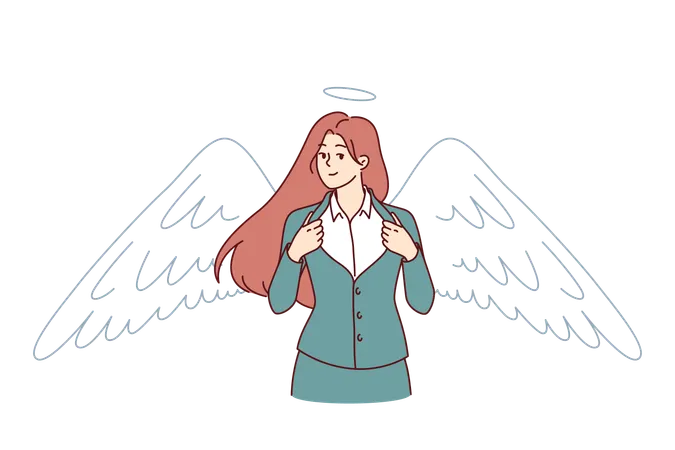 Business Woman With Wings And Angel Halo Unbuttons Jacket On Chest Demonstrating Ambition And Leadership Qualities Business Lady Leader Is Ready To Achieve Achievements And Exceed Plans Illustration