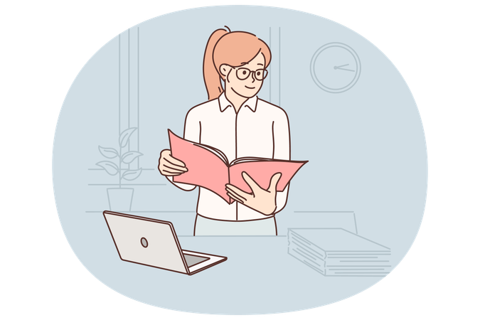 Business woman with documents stands in office near table with laptop checking reports employees  Illustration