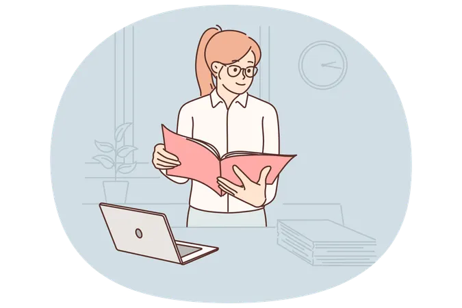 Business woman with documents stands in office near table with laptop checking reports employees  Illustration