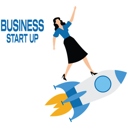 Business woman with flying rocket  Illustration
