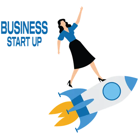 Business woman with flying rocket  Illustration