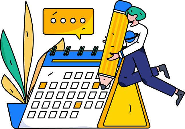 Business woman with giant pencils nearby marked calendar  Illustration