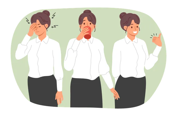 Business Woman With Headache Or Migraine Drinks Medicine And Feels Better Showing Thumbs Up Gesture Girl Office Clerk Before And After Taking Headache Pills Ready To Start Work Illustration