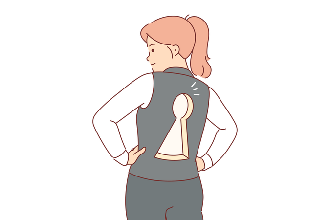 Business woman with keyhole on back reports readiness to solve business tasks  Illustration