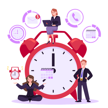 Business woman with laptop sitting on a huge alarm clock  Illustration