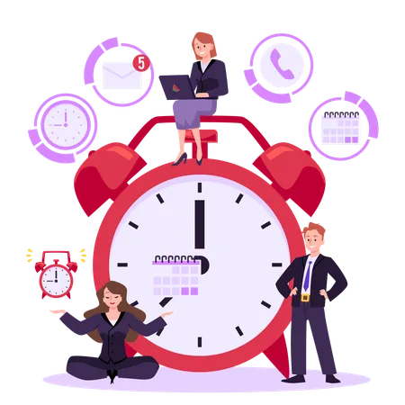 Business woman with laptop sitting on a huge alarm clock  Illustration