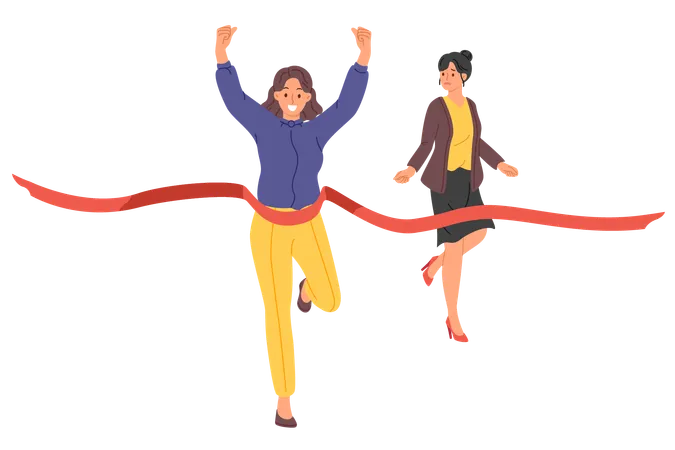 Business Woman Won Running Race Overtaking Competitor And Crossing Finish Line First Race Between Two Managers To Determine Leadership When Creating New Team Or Organizing Joint Business Illustration
