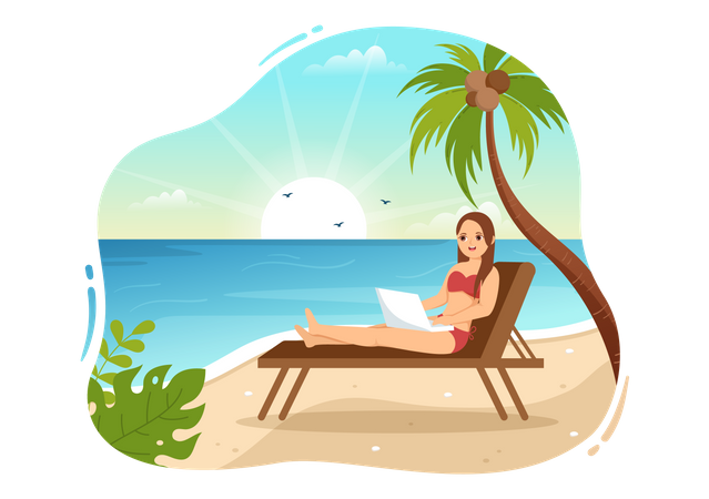 Business woman Work From Swimming Pool Illustration