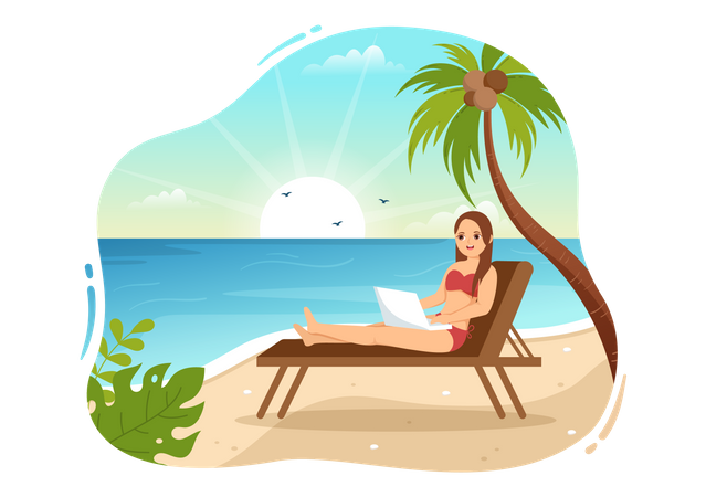 Business woman Work From Swimming Pool  Illustration