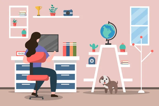 Business woman working from home  Illustration