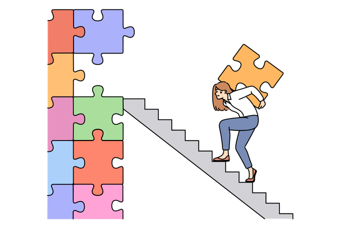 Business woman working hard climbing career ladder with puzzle piece to build successful company  Illustration