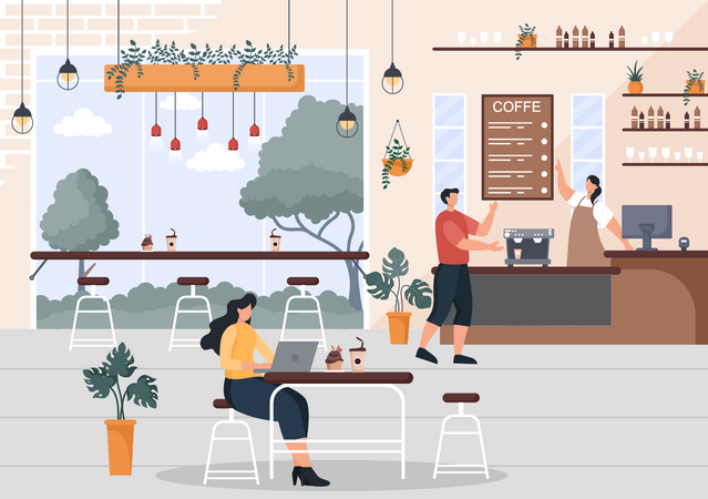 Business woman working in cafe Illustration