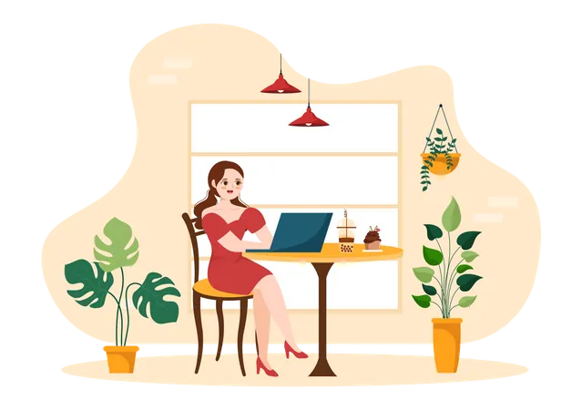 Business woman working in internet cafe Illustration