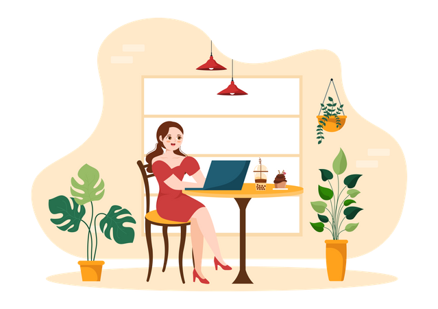 Business woman working in internet cafe  Illustration