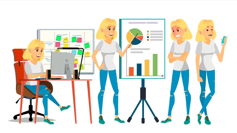 Business Woman Character Vector Blonde Woman Various Views Environment Process Businesswoman Lady In Various Poses Creative Studio Cartoon Illustration Illustration