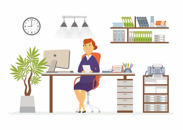 Business Woman Working In Office On Desk Illustration