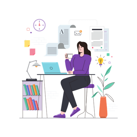 Business woman working on blog article Illustration