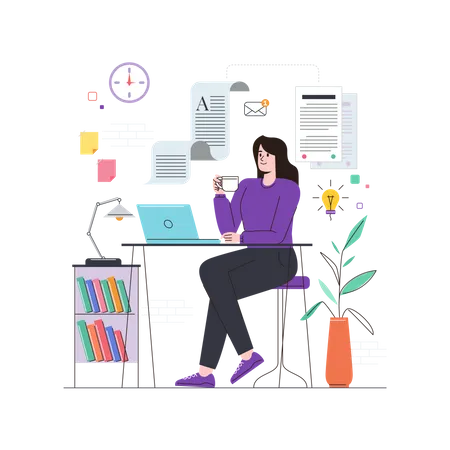 Business woman working on blog article Illustration