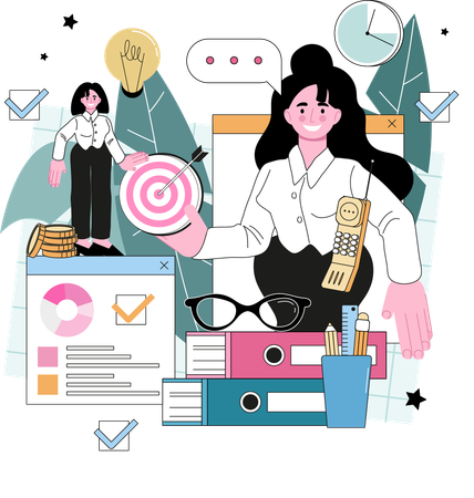 Business woman working on business goal  Illustration