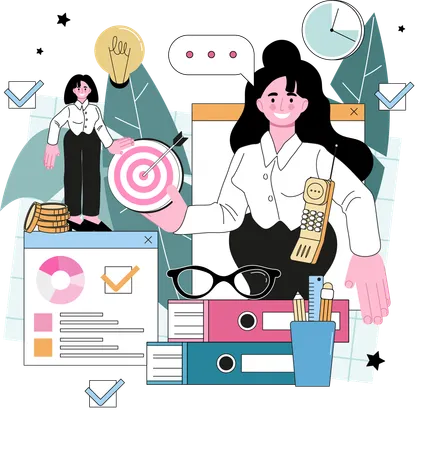 Business woman working on business goal  Illustration