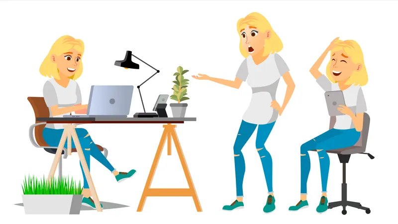 Business Woman Working On Desk In Office  Illustration