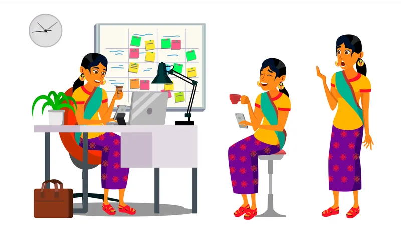 Business Woman Character Vector Working Hindu Man Environment Process Creative Studio Web Developer Programming Poses Flat Cartoon Business Illustration Illustration