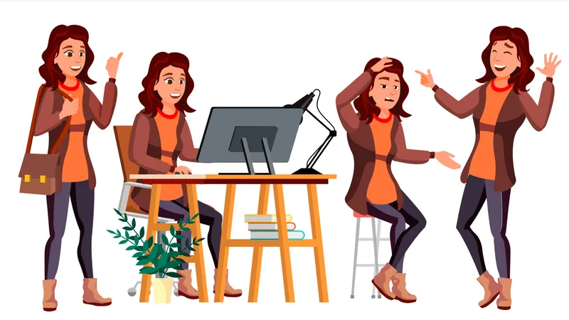 Business Woman Working On Desk In Office With Different Gesture Illustration