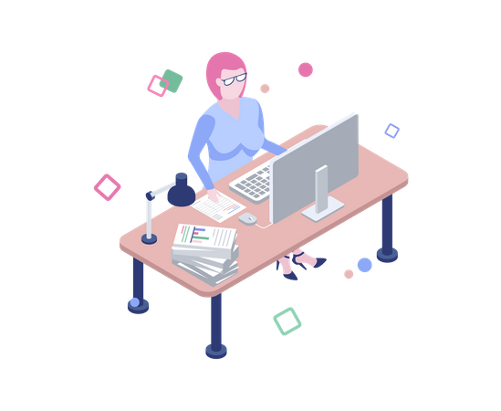 Business woman working on desk in the office  Illustration