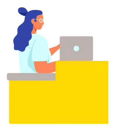 Young Woman Working On Laptop Female Character In Glasses At Workplace With Modern Technology Scene Of Freelance Or Office Job Lady Stands Near Stand With Computer Device Vector Illustration Illustration