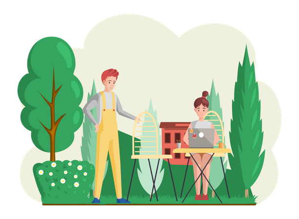 Business woman working on laptop in park  Illustration