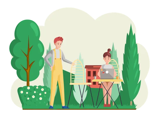 Business woman working on laptop in park  Illustration