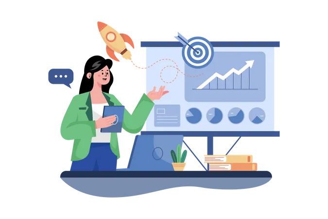 Business woman working on startup plan  Illustration