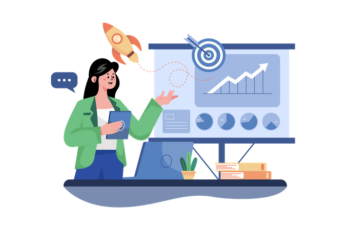 Business woman working on startup plan Illustration