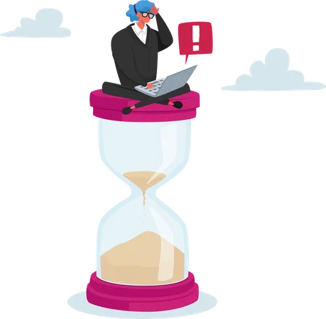 Tiny Businesswoman Character Sitting On Huge Hourglass With Laptop In Hands Deadline Business Process Concept Time Management Procrastination Working Productivity Cartoon Vector Illustration Illustration