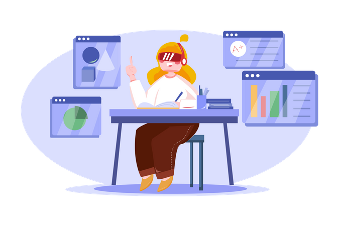 Business woman working using VR tech Illustration