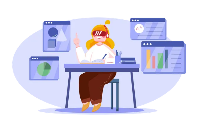 Business woman working using VR tech  Illustration